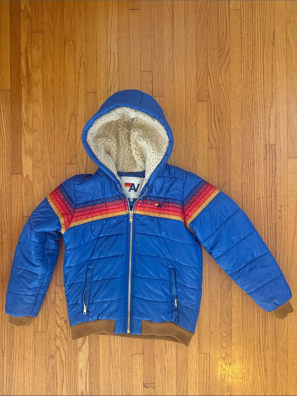 Aviator Nation Kids Trekker Blue Puffer Jacket with Rainbow Stripe
